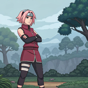 Sakura Haruno from Naruto series, serious expression. Pixelated game scene background.