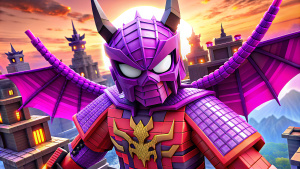 Spider-Man in purple samurai armor, a huge bat in the background, good detail in the Minecraft style.