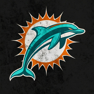 Stylized dolphin logo for Miami Dolphins. Vibrant teal and orange colors. Grungy black background