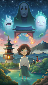 4 scenes from "Spirited Away", such as Chihiro entering the spirit world, Haku and Chihiro flying in the air, Chihiro helping a spirit, and the bridge in the spirit world, with a fantastical and enchanting atmosphere, vivid and lovely characters, best quality,masterpiece