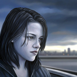 Digital portrait of Kristen Stewart, realistic style, dark hair, somber expression, blurred cityscape background