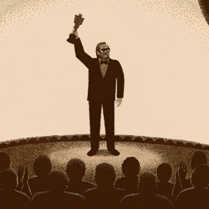 Martin Scorsese, wearing a sleek dark suit and rimless glasses, on stage accepting an award. The audience is cheering.