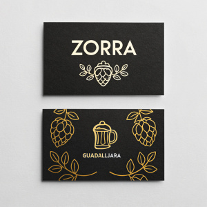 Two business cards for Zorra, a craft brewery in Guadalajara. Black background, contemporary font for brand name, stylized logo
