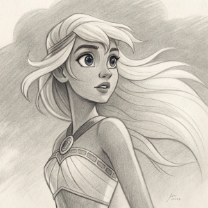 A sketch of Kida from the animated film Atlantis. Kida's large eyes and dynamic posture are prominently featured in a charcoal drawing.