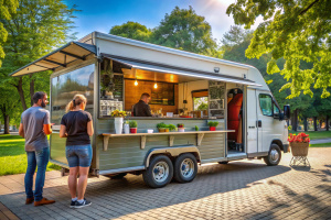food truck and people . cafe van with vendor on street market or festival in summer city park, mobile streetfood stall, modern style, 