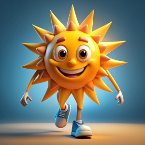 walking sun cartoon character with smiling emoji