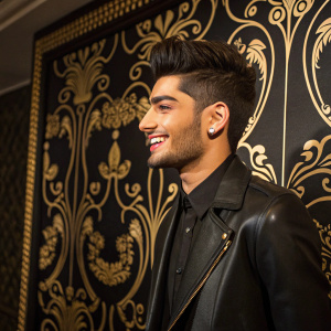 Close-up of Zayn Malik's wax figure at Madame Tussauds. Detailed replica, standing in front of black and gold wall. Smile captured in the photo.
