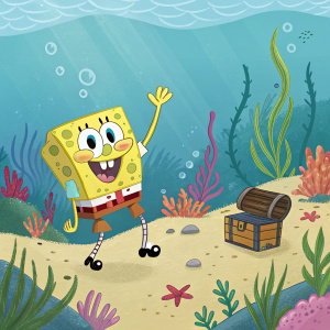 SpongeBob SquarePants illustration. Ocean-themed background with coral and seaweed. Sunken treasure in background.