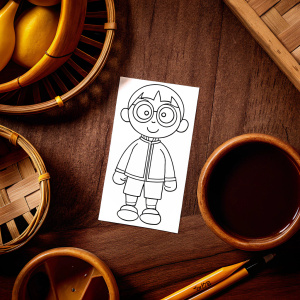 Coloring page featuring a simplified line-art of Nobita from Doraemon. Black and white design, ready for coloring.