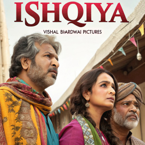 Movie poster for 'Ishqiya'. Shemaroo Entertainment and Vishal Bhardwaj Pictures logos prominently displayed. Group of actors in vibrant traditional attire.