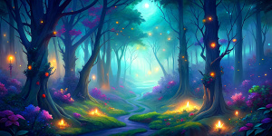 Dark mysterious woods in the evening. Disney-style landscape. Bright, vibrant colors. Tiny glowing fireflies in the air. A lot of green. A white rabbit wearing a waistcoat standing on his legs is in the center.