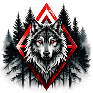 valknut runes pattern geometric symbols - wolf and trees - tattoo design - perfect realistic art - high-definition - grey and black - white background 