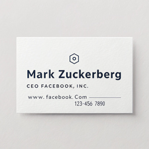 Mark Zuckerberg, CEO of Facebook, Inc. Business card design: minimalist, white background, dark text. Contact info: www.facebook.com, 123-456-7890.