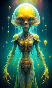 make an alien with a clear skin, a body of a jelly fish, with yellow tatoos, turquoise eyes, big mouth, a long neck, little arms, thin legs and little feet.