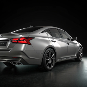 Digital 3D model of a new Nissan Altima prototype. Dark background, focus on the car's rear end, sleek design, gray color, modern contours, taillights