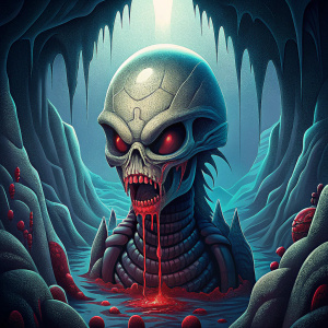 Xenomorph alien in a cave blood in mouth