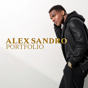 Digital portfolio showcasing Alex Sandro's work. Sleek design with a light background. Gold font highlighting 'Alex Sandro Portfolio'.