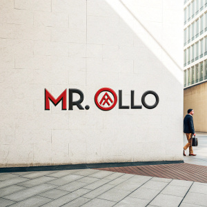 The Mr. OllO logo. Clean, minimalist design. Bold text 'MR. OLLO' positioned above the graphic symbol. High contrast between logo colors and neutral backdrop.