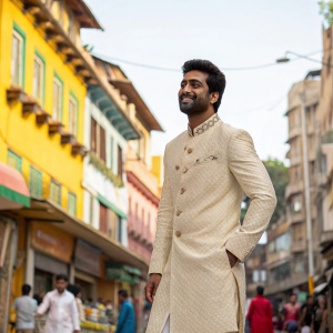 Vicky Kaushal, standing on the vibrant streets of Mumbai, dressed in a sherwani. Bright sunlit street backdrop.