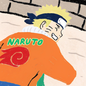 Youthful Naruto Uzumaki, orange jacket with red swirl, dynamic pose. Gray blurred background, Naruto logo