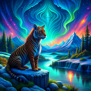 tiger, northern Lights, sea