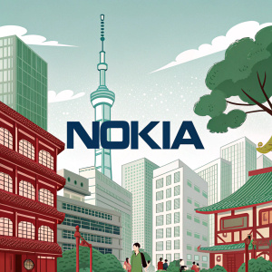 The Nokia logo blends English and Bengali text, bridging contemporary design with cultural heritage. Set against a backdrop of a bustling cityscape rendered in vivid greens, rich reds, and crisp whites.