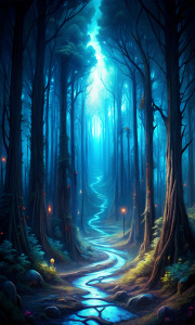 Panoramic view of scary dark forest at night, magical spooky woods with path and blue light. Gloomy landscape in fairy tale world. Concept of fantasy