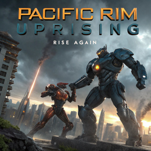 Sci-fi movie poster for 'Pacific Rim Uprising', showcasing giant robots in epic battle.