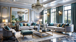 An elegant and glamorous living room in Hollywood Regency style, designed as a sanctuary for relaxation and stylish entertaining.