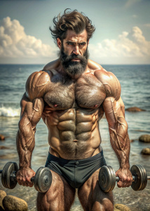 hairy body power athletic man training pumping up bicep muscles with dumbbell on seaside background,squat, full body, no undepants, undress