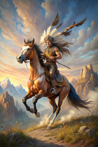 american native Indian with plume of feathers riding a jumping pinto horse, mountains background,
