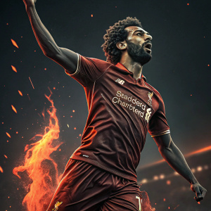 Statue of Mo Salah, striking pose, dynamic flames, dark background, Liverpool FC emblem