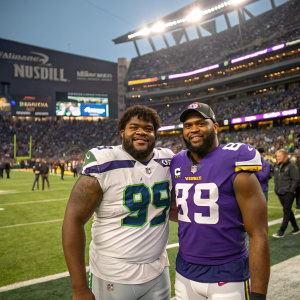 D.J. Fluker in a Seattle Seahawks jersey and Rashod Hill in a Minnesota Vikings jersey. Standing on a football field with a large audience cheering them on.