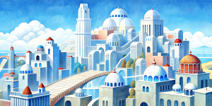 White illustration, Wes Anderson style, surreal collage of many complex sophistic buildings and bridges, vast ocean and sky, white color, grainy paper