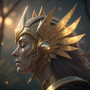 Digital 3D render of a gold headpiece. Inspired by Leona from League of Legends. Features sharp, angular designs. Side profile shows an elaborate ornate design.