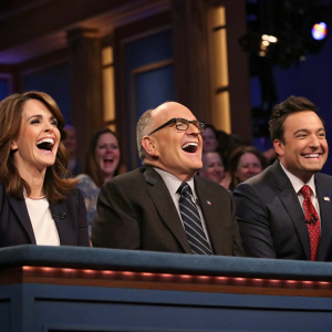 Tina Fey, Rudy Giuliani, and Jimmy Fallon during a hilarious scene from a comedy sketch show. Studio audience laughing