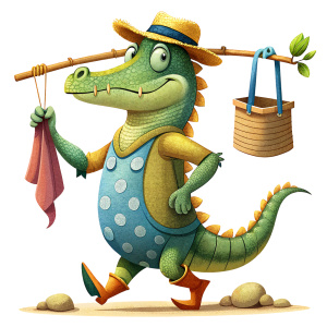 A country alligator carrying on his shoulders a bundle of clothes hanging from a stick, his hand making a farewell gesture. Cartoon style, white background