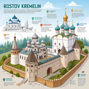 Infographic detailing the Rostov Kremlin. Depicting its architectural grandeur, historical significance, and evolution through time. Featuring illustrations of domes, walls, gates, and timelines of historical events.