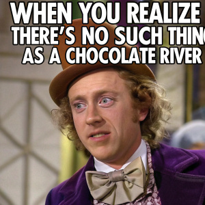 Willy Wonka meme. Text overlay: 'When you realize there's no such thing as chocolate river'