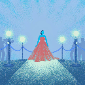 Florence Pugh at Cannes Film Festival. Wearing a stunning gown with a flowing feathered skirt. Red carpet ambiance with flashing cameras.
