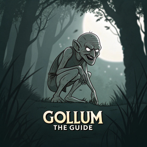 Gollum, crouching, with intense and menacing expression, in a simple graphic style illustration. 'Gollum the Guide' written beneath. Dark, shadowy forest background.