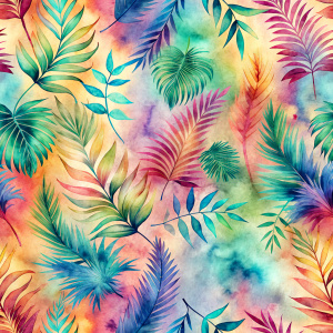 Pattern Seamless, Vintage Old, Soft Colors, abstract Tie Dye, Rainbow, Tropical Leaves Plants