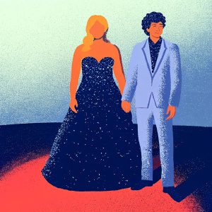 Alyson Kierans and Barry Keoghan attending a glamorous gala. Alyson in a sparkling black gown. Barry in a light purple suit. Plain white background