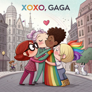 Illustration of diverse cartoon characters embracing. Lady Gaga theme. Vibrant colors. XOXO, GAGA phrase. Background: hand-drawn cityscape