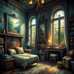 victorian single apartment poor room with paintings and books