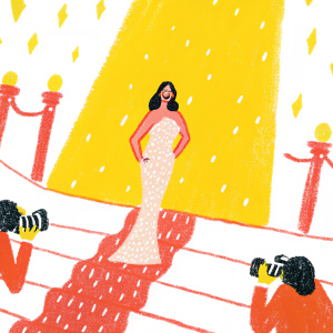 Nabilla Benattia, glamorous and elegant, on the red carpet at Cannes Film Festival. Wearing a sequined gown, she poses confidently amidst flashing cameras and paparazzi.