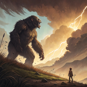 A vivid fantasy artwork for the book cover of John Norman's Gor series. A dramatic illustration showcasing a towering, fearsome beast and a diminutive human-like figure. Rich earthy tones with striking highlights