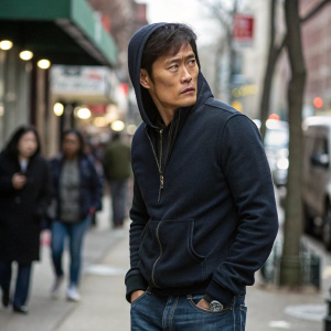 Lee Byung-hun, intense stare, in casual outfit. Dark hoodie, denim jeans. Street scene background.