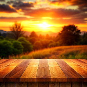 design a wood table in a sunset close-up blurred background