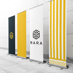 Graphic design for RARA brand featuring a series of vertical elements with a modern, minimalist aesthetic. Bright yellow stripes, white strip, and black design elements are prominently featured. The brand name 'RARA' is clearly visible.